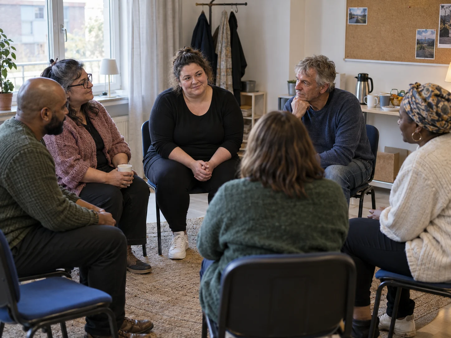 Personas conversando en un entorno cotidiano de apoyo y comunidad