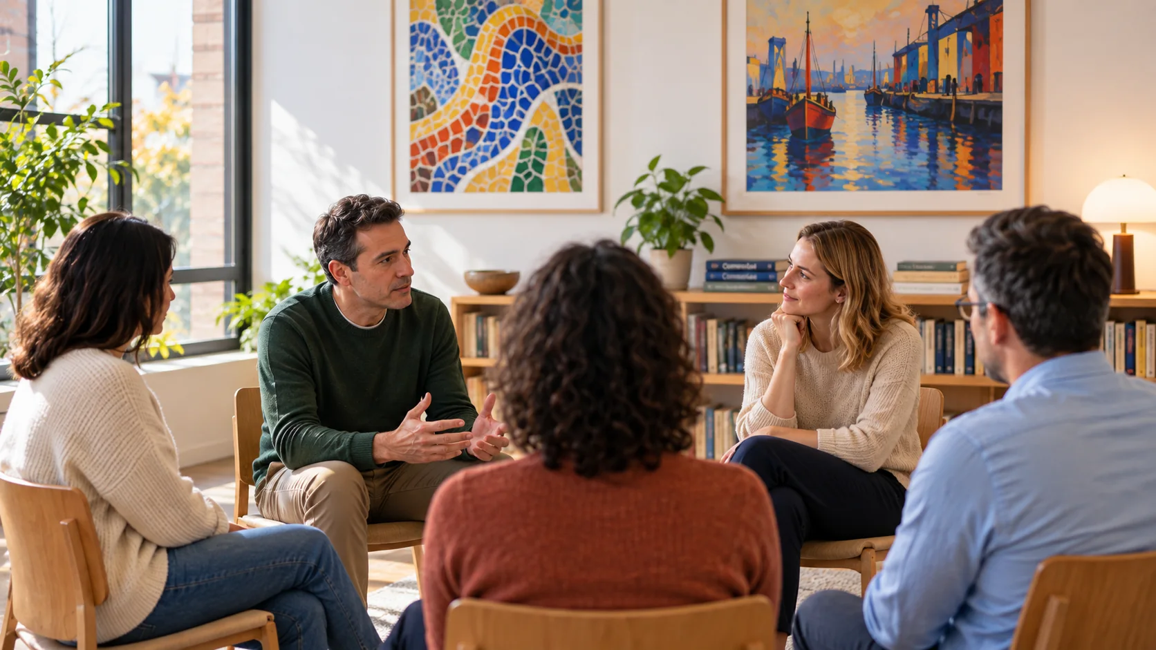Personas adultas conversando en un espacio luminoso, con arte colorido y una biblioteca al fondo